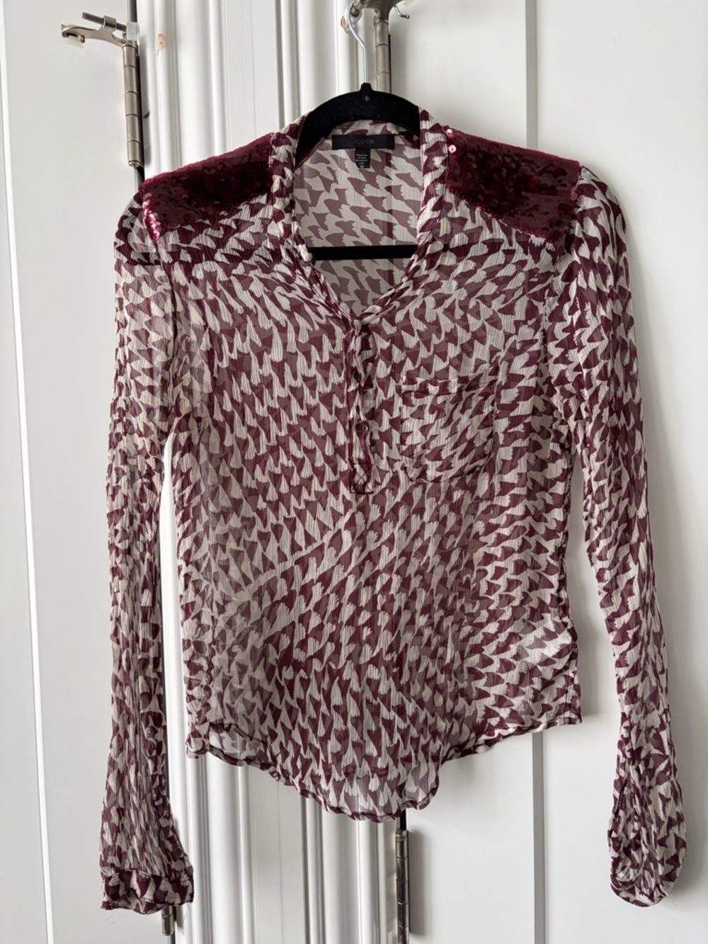 Joe's Jeans Burgundy and White Patterned Sheer Button-Down Blouse